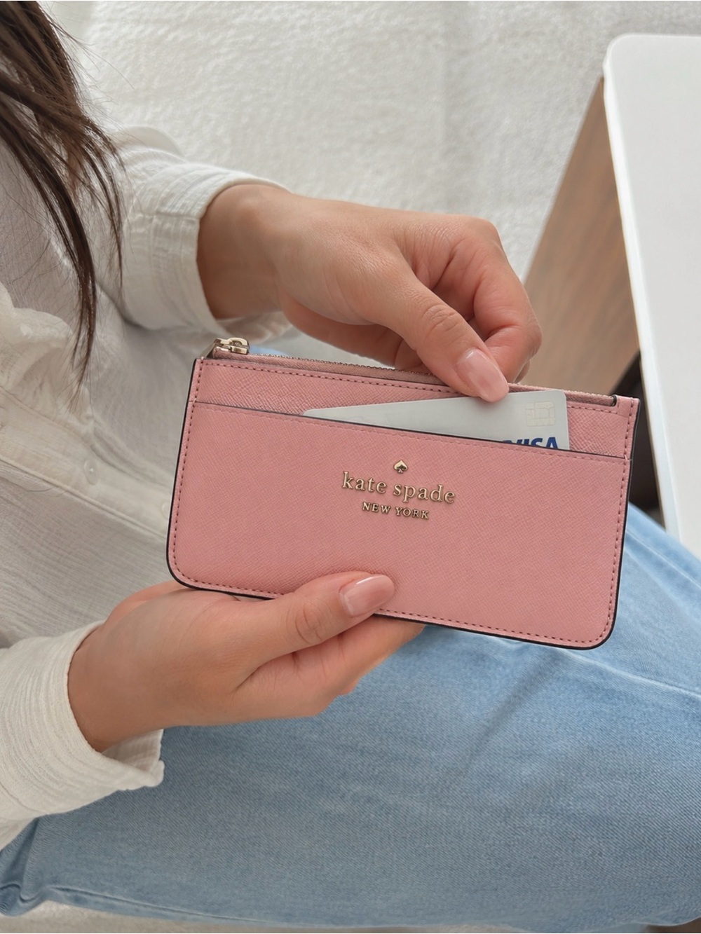 Kate Spade New York Pink Leather Zip Card Holder Wallet Coin Purse